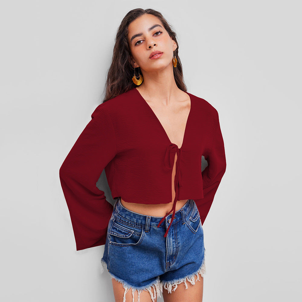 European And American Sexy V-neck T-shirt Autumn And Winter Chest Tie Small Batch Wine Red Cardigan Women