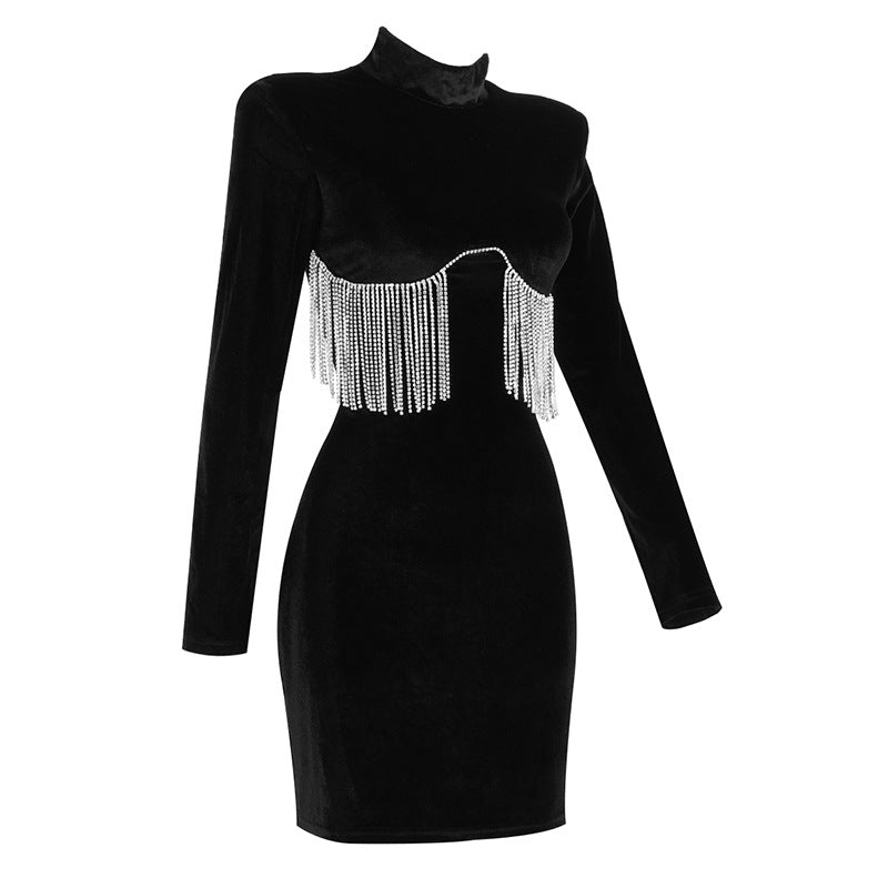 Long Sleeve Round Neck Metal Fringed Stretch Velvet Bandage Gown