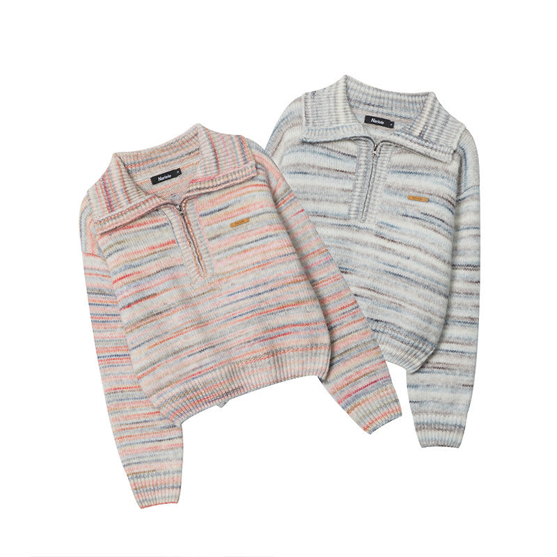 Lapel Short Sweet Half Zip Sweater For Women Striped Minimalist