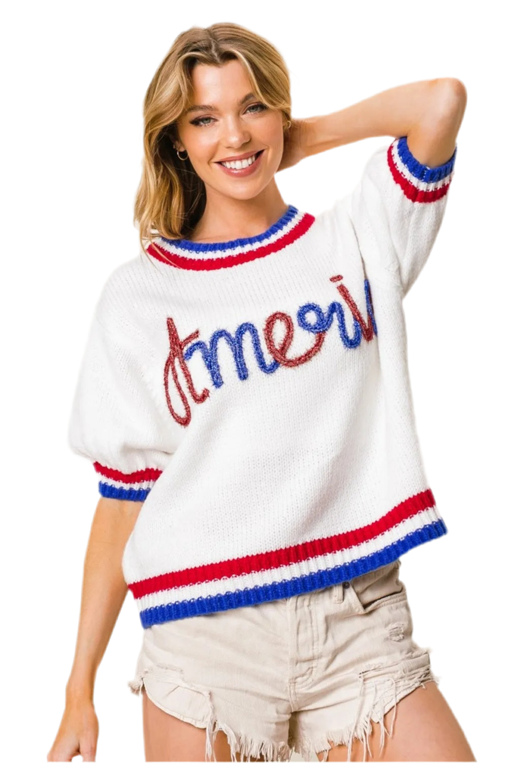 BiBi Metallic America Letter Short Sleeve Sweater