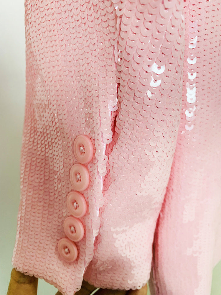 Women's Fashionable Double-breasted Loose Lotus Root Pink Sequined Blazer