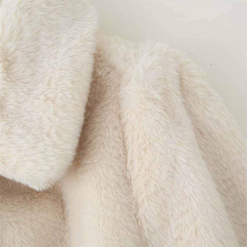 Lapel Women's Casual Slim-fit Solid Color Belt-effect Faux Fur Coat