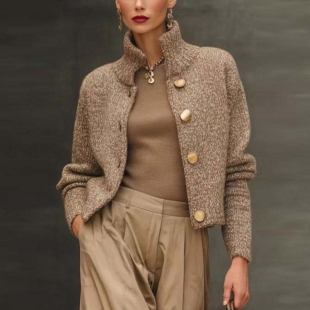 Women's High Neck Button Knit Sweater Stylish Short Cardigan Coat