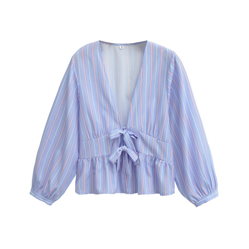 European And American Style French Fashion Design Bowknot Decoration Striped Shirt