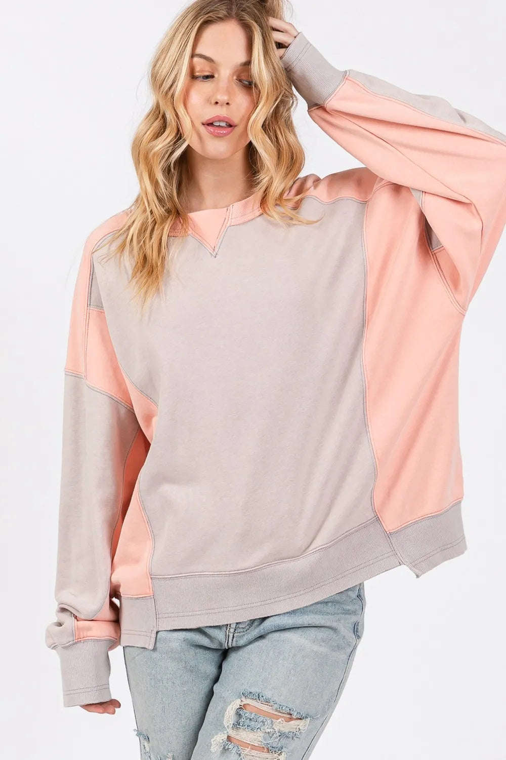 SAGE  FIG Color Block Round Neck Sweatshirt