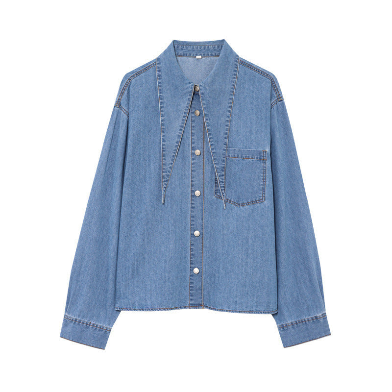 Fashionable Neckline Bowknot Decoration Denim Shirt