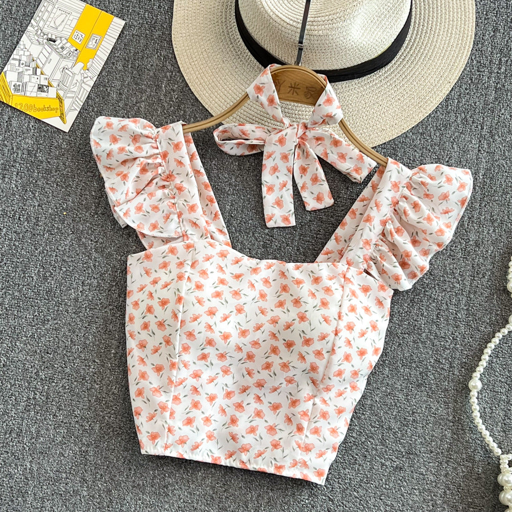 Western-style Girls Slim Sleeveless Square Neck Floral Top Women