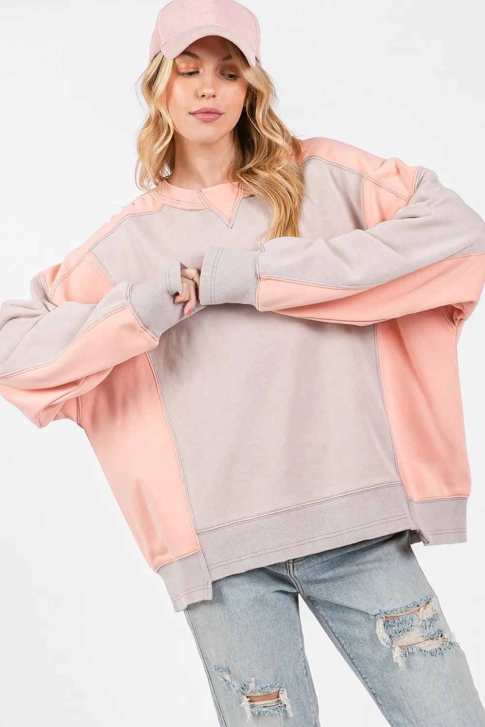 SAGE  FIG Color Block Round Neck Sweatshirt