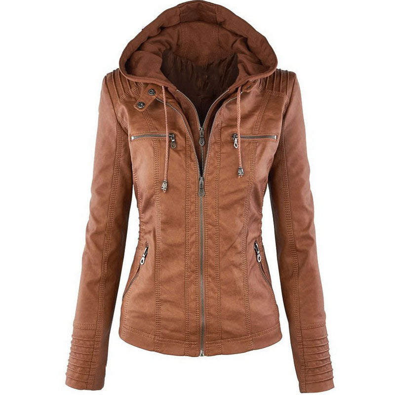 Detachable Hooded Jacket With Pockets Casual Solid Color Zipper Long Sleeve Leather Coat Autumn Winter Women's Clothing