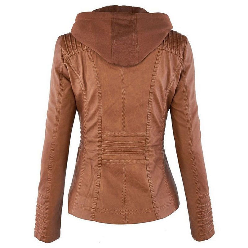 Detachable Hooded Jacket With Pockets Casual Solid Color Zipper Long Sleeve Leather Coat Autumn Winter Women's Clothing