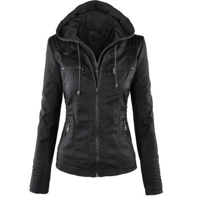 Detachable Hooded Jacket With Pockets Casual Solid Color Zipper Long Sleeve Leather Coat Autumn Winter Women's Clothing