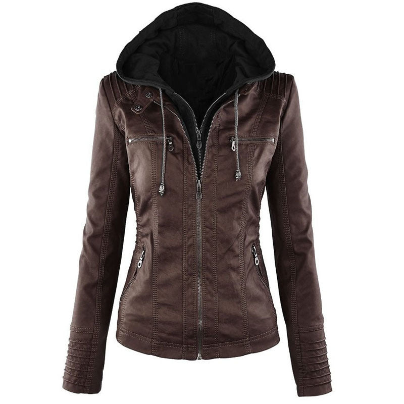 Detachable Hooded Jacket With Pockets Casual Solid Color Zipper Long Sleeve Leather Coat Autumn Winter Women's Clothing