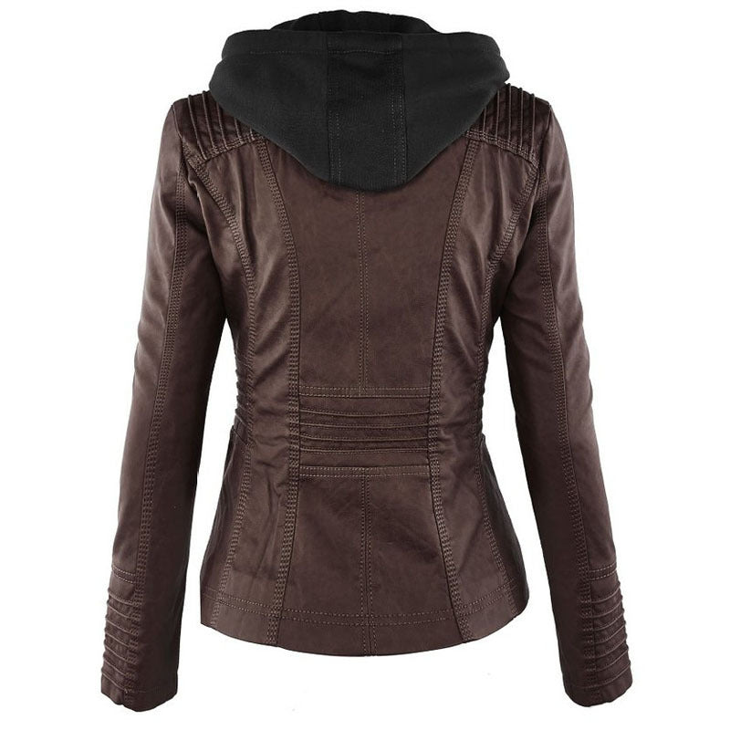 Detachable Hooded Jacket With Pockets Casual Solid Color Zipper Long Sleeve Leather Coat Autumn Winter Women's Clothing