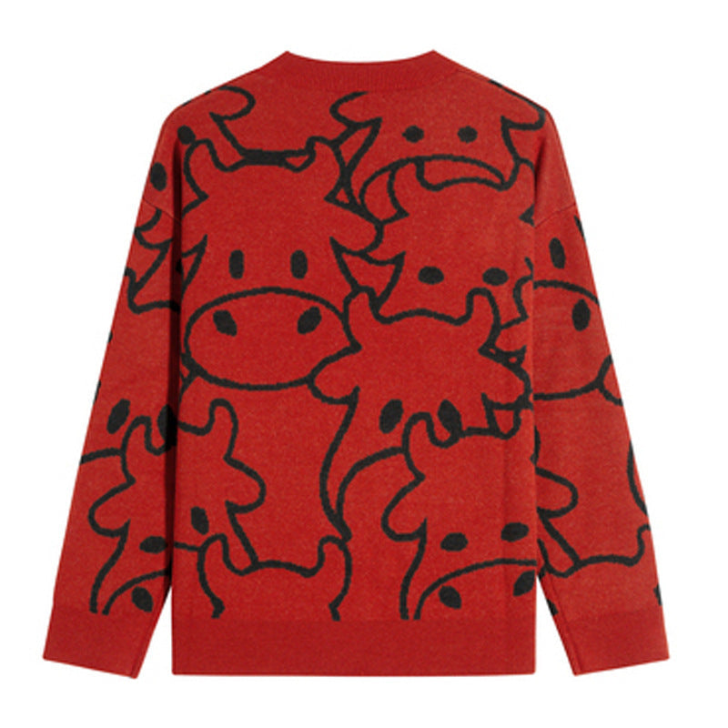 Women's Contrast Color New Year Cow Lazy Pullover Sweater