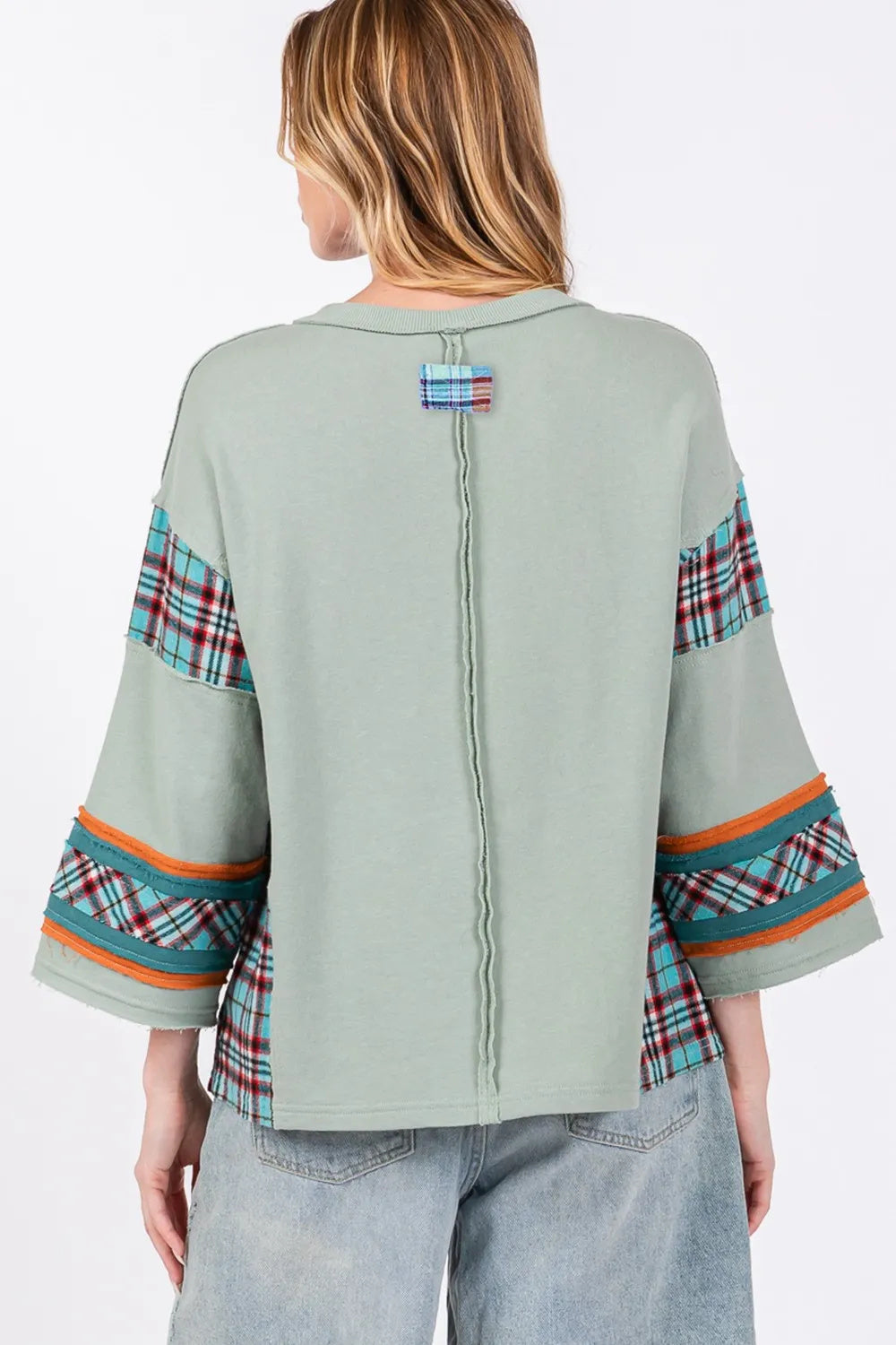 SAGE  FIG Peace Applique Patch Contrast Plaid Top