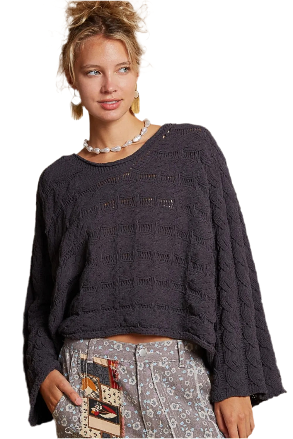 POL Round Neck Cable Knit Cropped Sweater