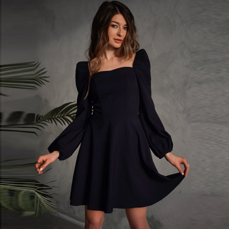 European And American New Women's Dress Square Neck Puff Sleeves