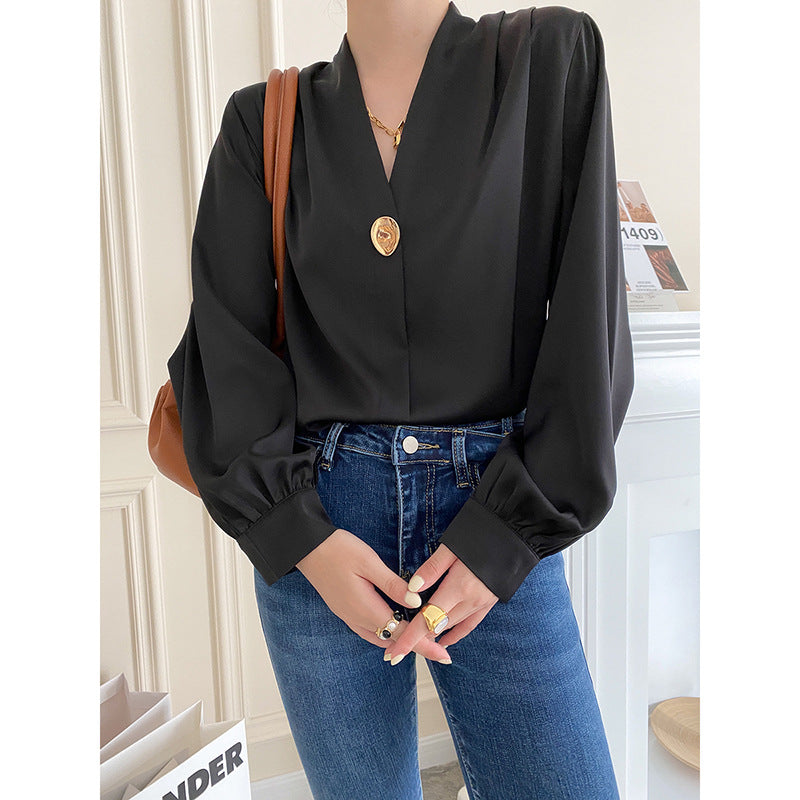 New Autumn New Commuter Satin-like Lantern Sleeve Shirt