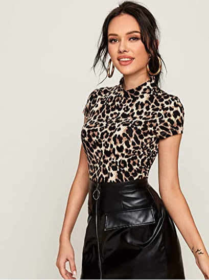 Women's Leopard Print Tank Top Short Sleeve Slim Fit T-Shirt