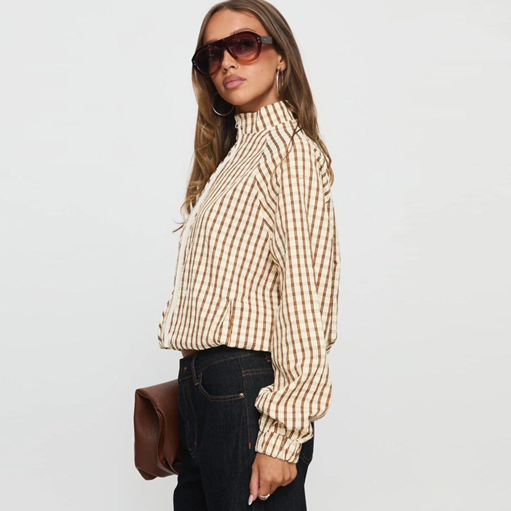 Women's Checkered Zipper Long Sleeve Coat