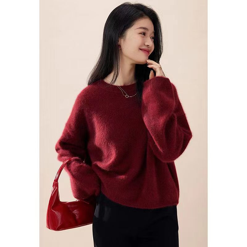 Red Pullover Women's Fall And Winter Outer Wear Mid-length Comfortable Retro Slit Knit Sweater