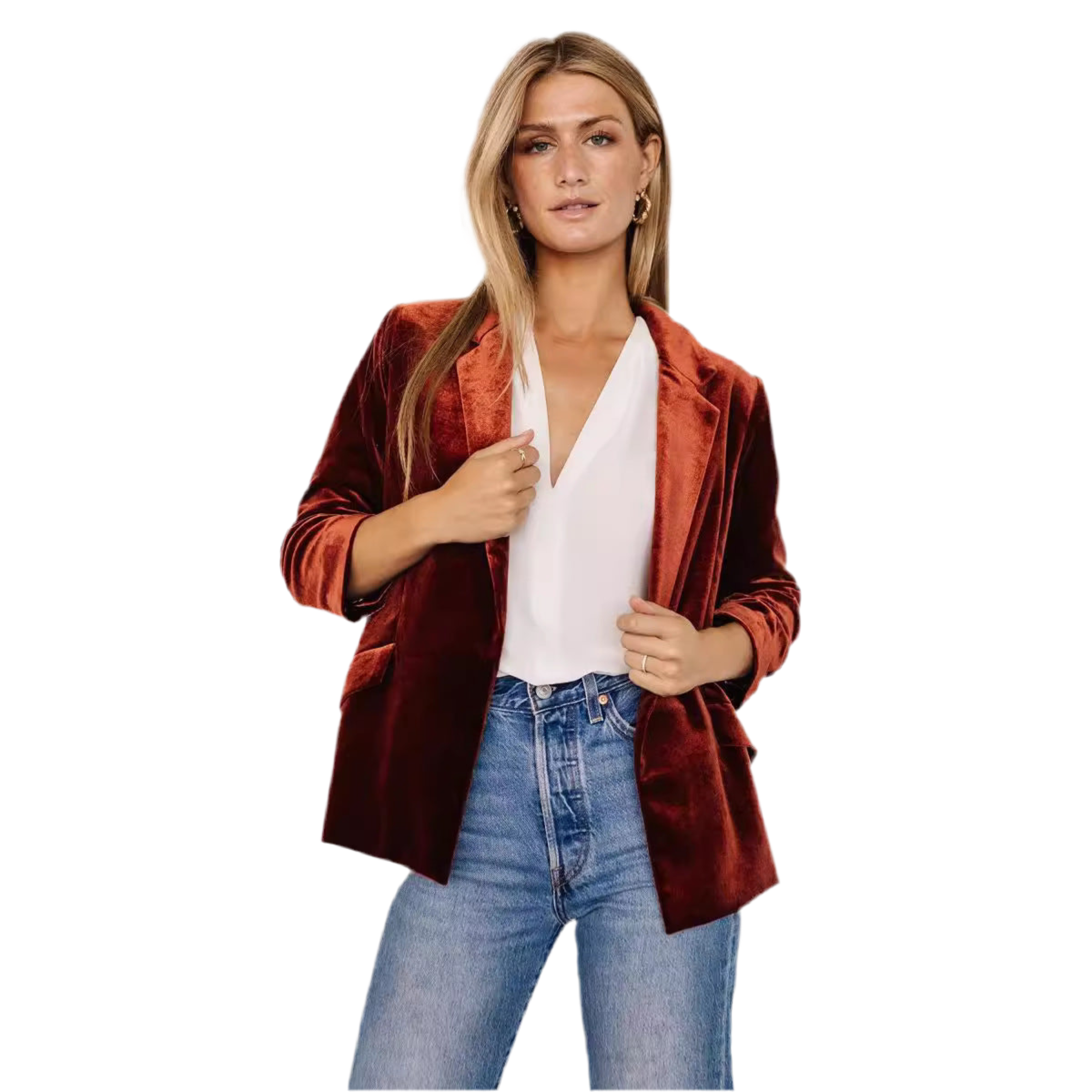 Women's Gold Velvet Diagonal Pocket Lapel Long Sleeve Suit