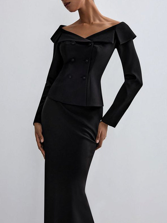 Black Double-breasted Jacket And Long Skirt Suit