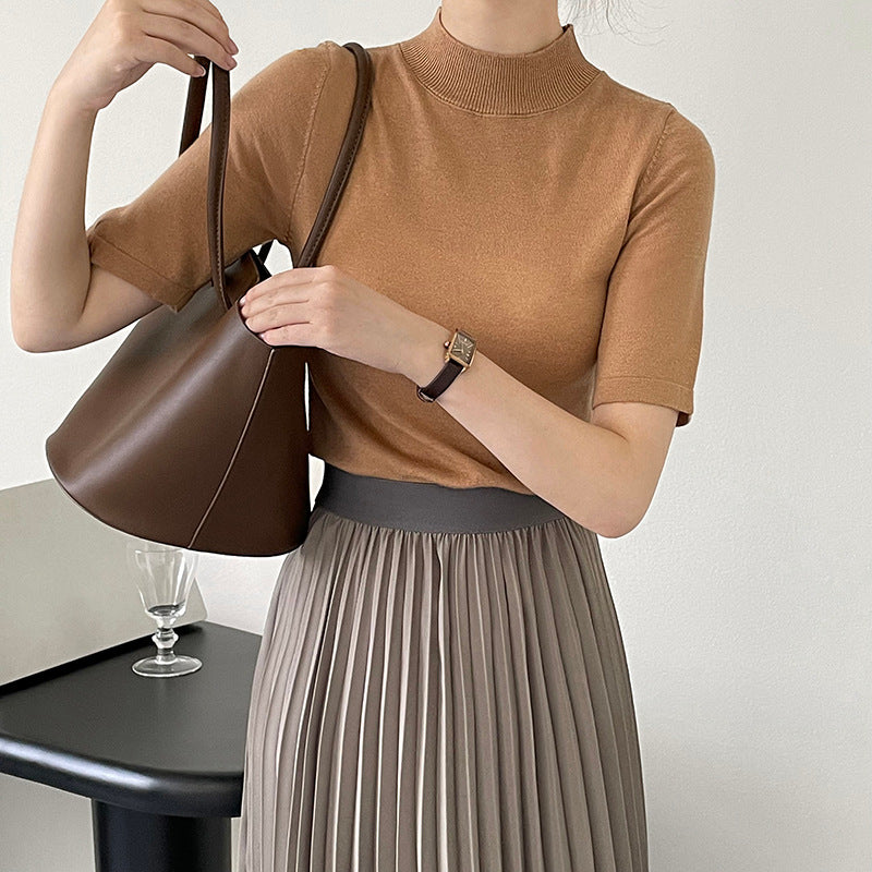 Half Turtleneck Slim Fit And Thin Solid Color Short-sleeved Knitted