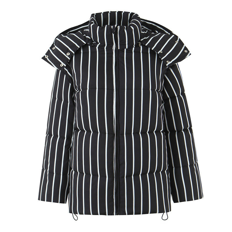 Women's Black Striped Hooded Cotton Coat