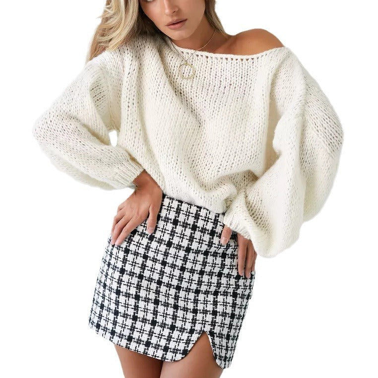 Women's Off-shoulder Solid Color Loose Knitted Pullover Sweater