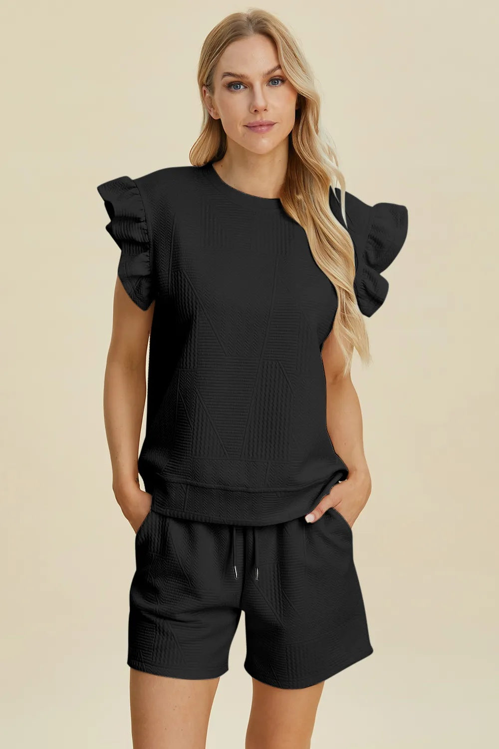 Double Take Full Size Texture Round Neck Ruffle Sleeve Top And Shorts Set