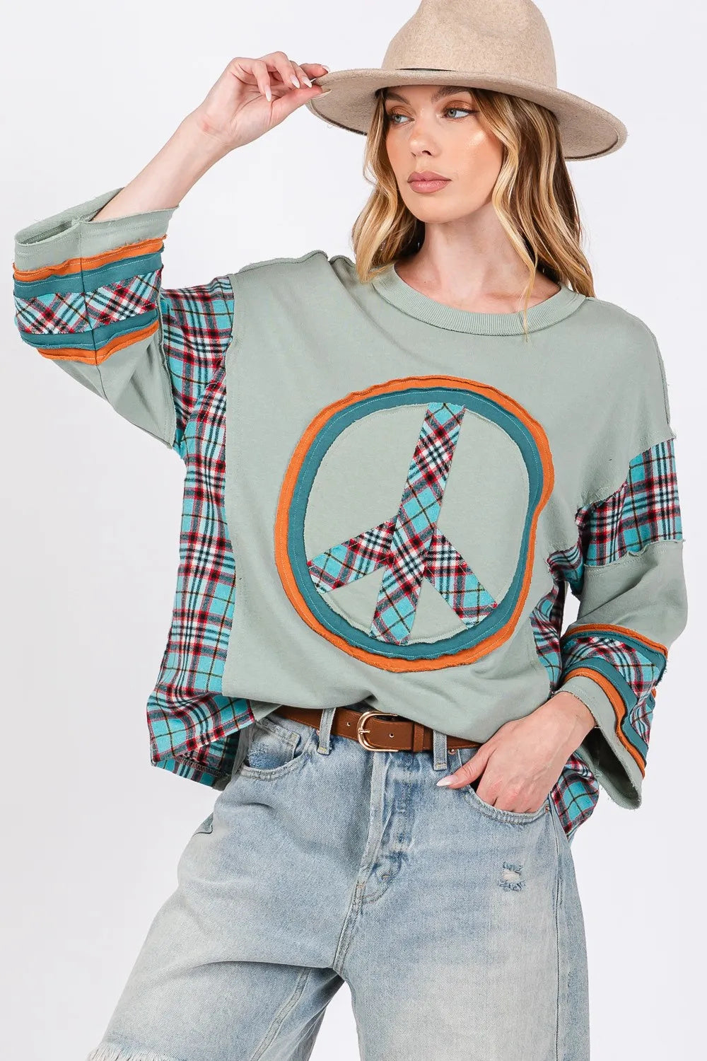 SAGE  FIG Peace Applique Patch Contrast Plaid Top