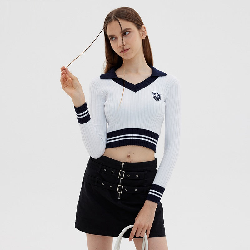 Women's Preppy Style Colorblock Long-sleeved Knitted Short Slim Top