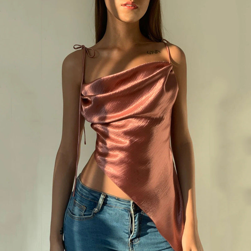 Sling Solid Satin U-Neck Bow Irregular Backless Top