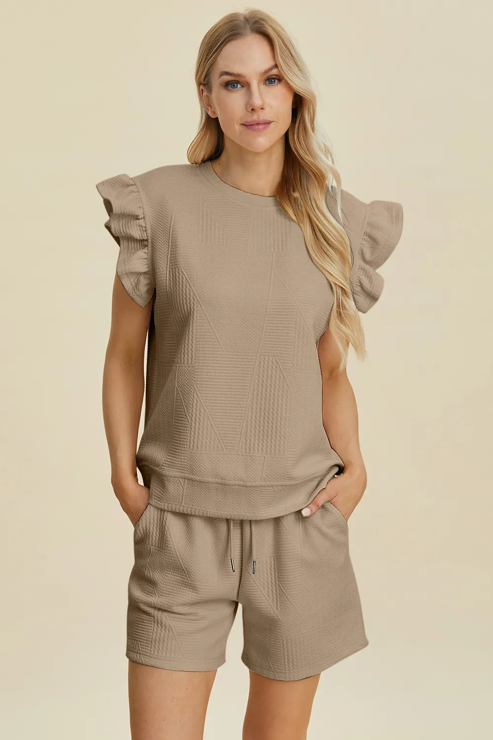 Double Take Full Size Texture Round Neck Ruffle Sleeve Top And Shorts Set