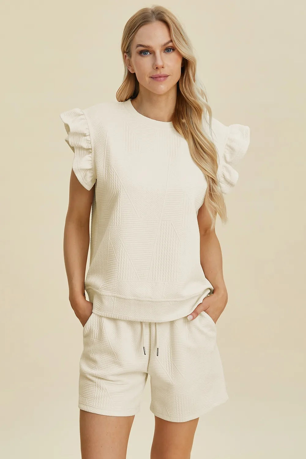 Double Take Full Size Texture Round Neck Ruffle Sleeve Top And Shorts Set