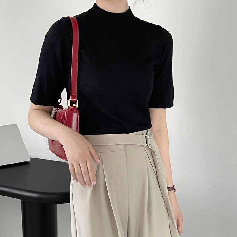 Half Turtleneck Slim Fit And Thin Solid Color Short-sleeved Knitted