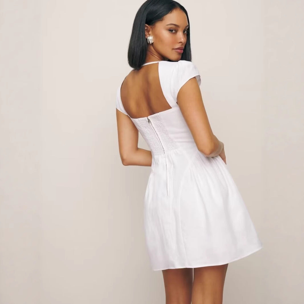 Niche Cotton And Linen Fashion Square Collar Slimming Dress