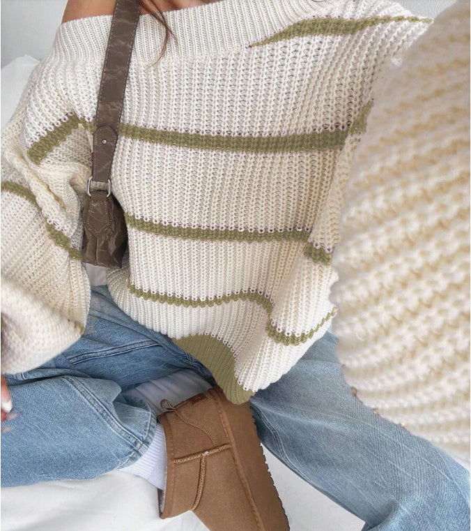 Sexy Off-the-shoulder Loose Striped Women's Sweater