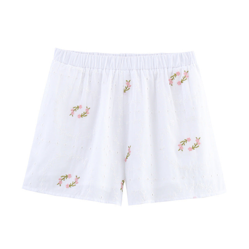 Puff Sleeve Embroidered Flower Shirt Shorts