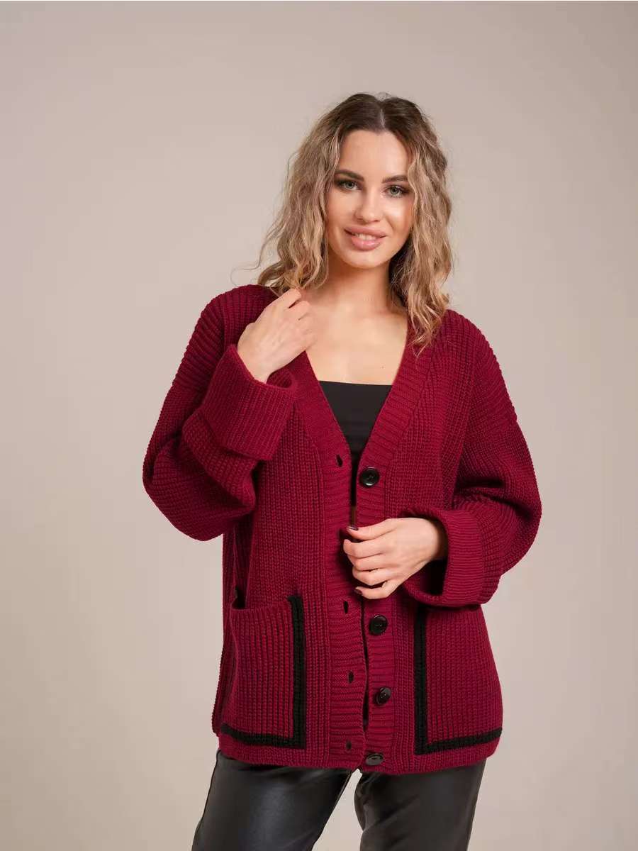 Loose-fitting V-neck Pocket Contrast Color Knitted Cardigan Sweater Coat