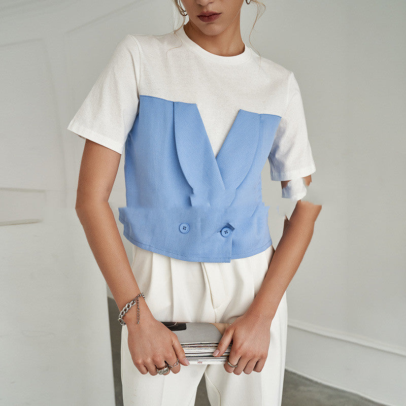 Pullover Short Sleeve Blue Temperament Commuter Solid Color Cotton