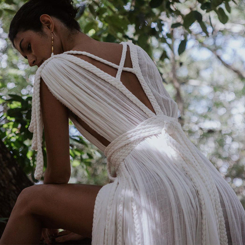 Rope Strapless Halter Loose Vacation Beach Dress For Women