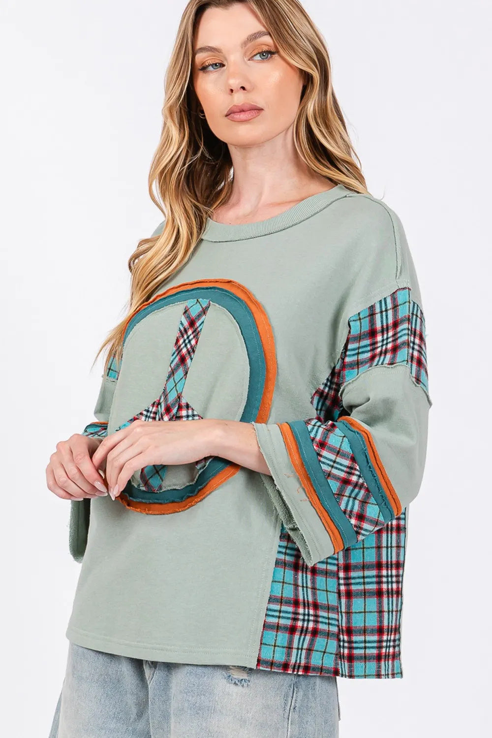 SAGE  FIG Peace Applique Patch Contrast Plaid Top