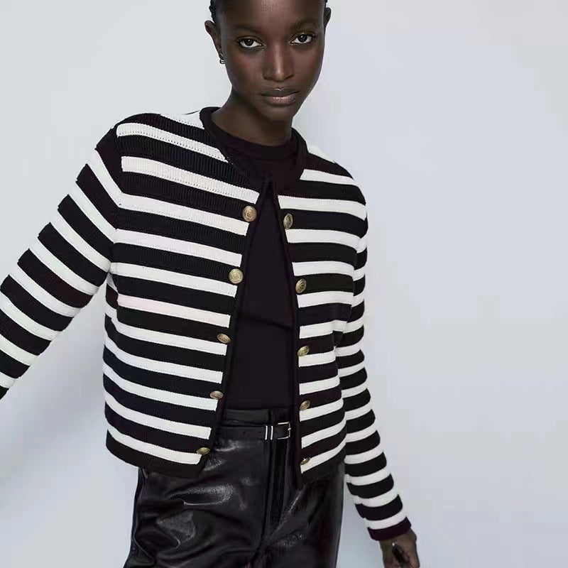 Buckle Striped Classic Style Knitted Cardigan Sweater Short Coat