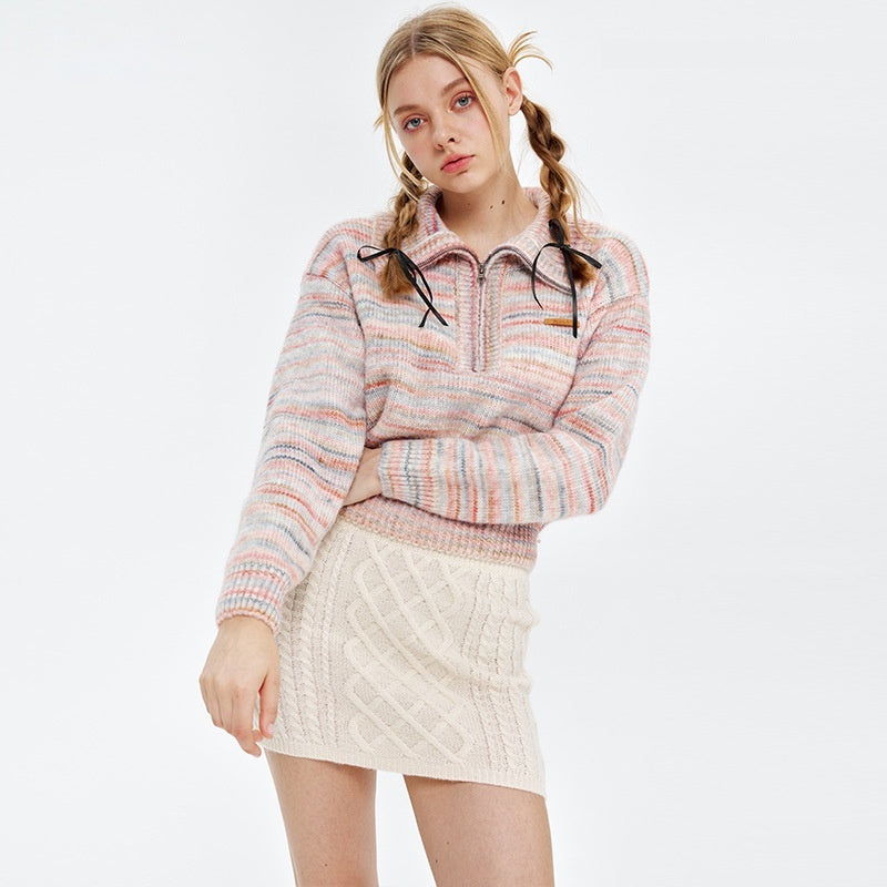 Lapel Short Sweet Half Zip Sweater For Women Striped Minimalist