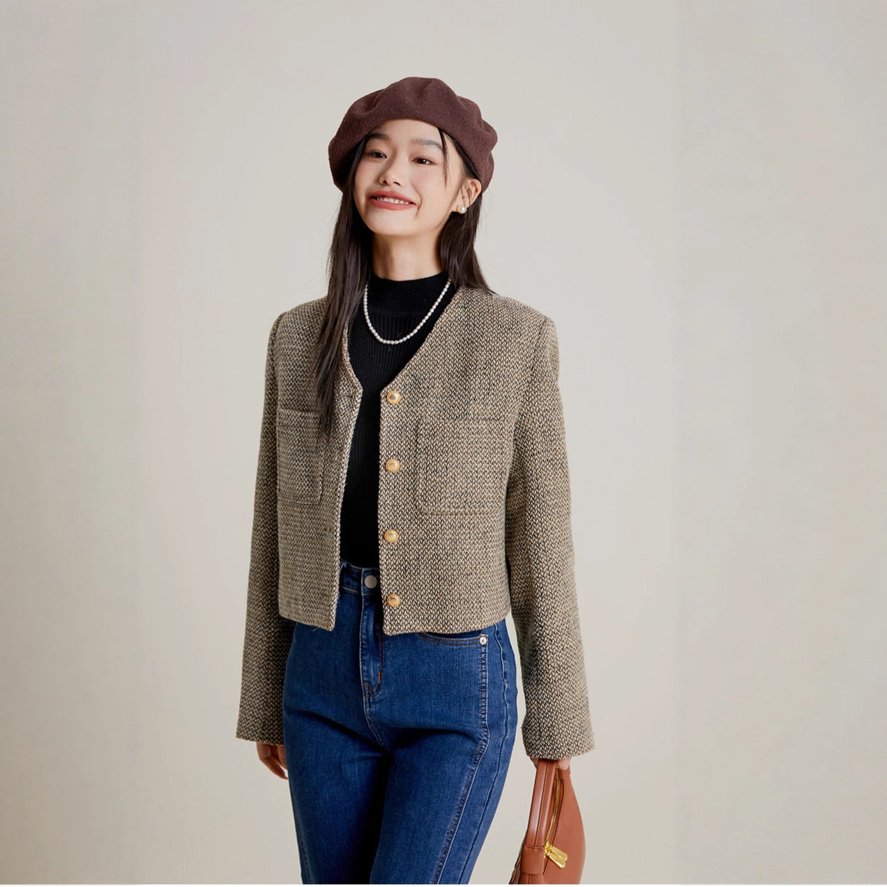 Women's Minimalist Coffee-colored -style French Short Jacket