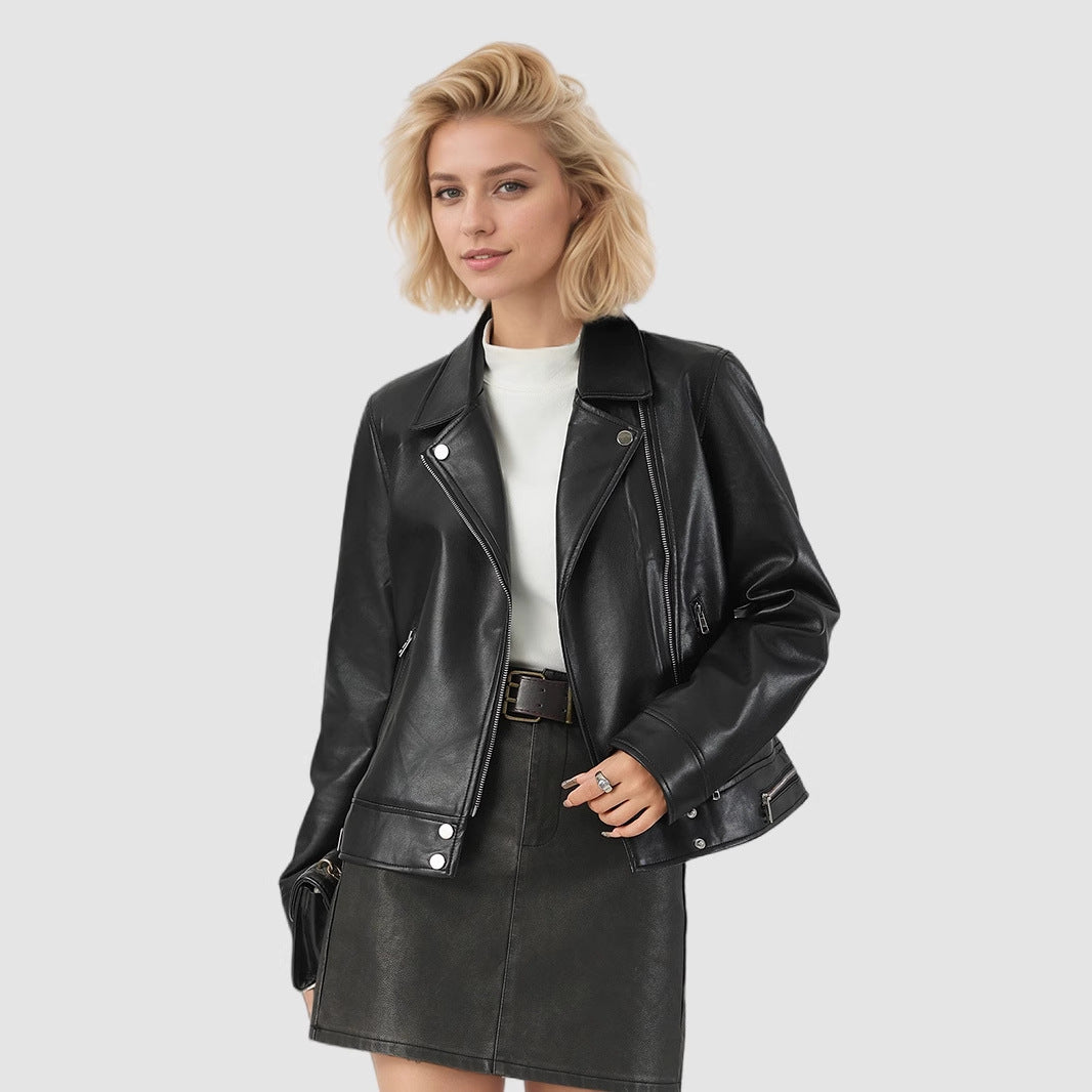 Women's Short Leather Jacket With A Turn-down Collar