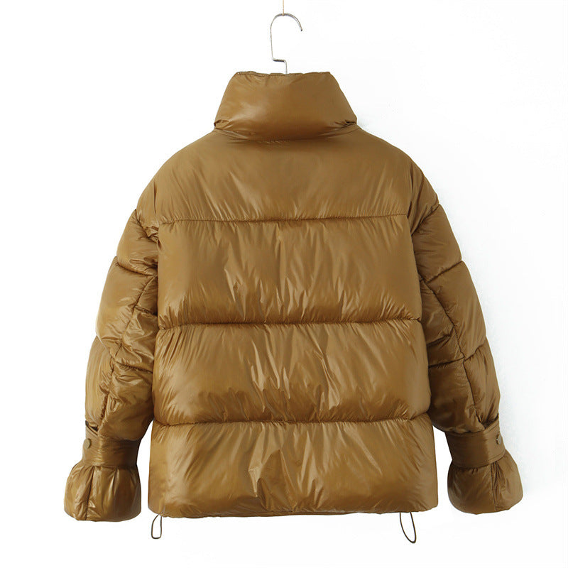 Golden Stand-up Collar Double Zipper Puffer Coat For Women