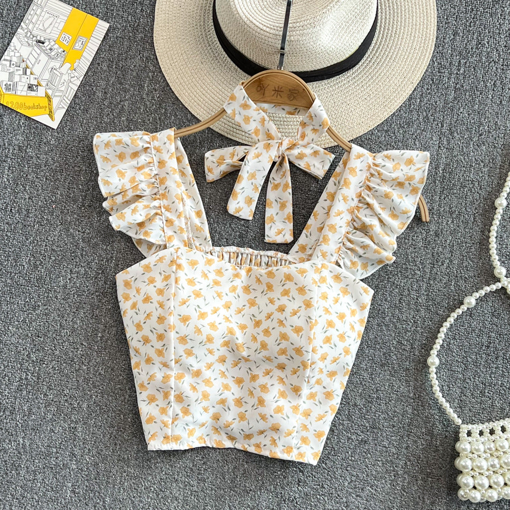 Western-style Girls Slim Sleeveless Square Neck Floral Top Women